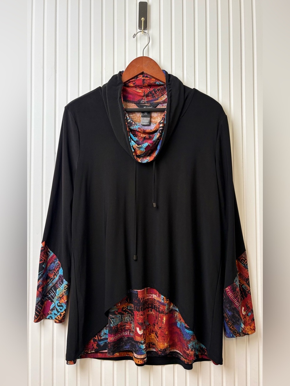 Ali Miles Tunic Top L Colorful Cowl Neck Drawstring Artsy Lagenlook Layer Paris